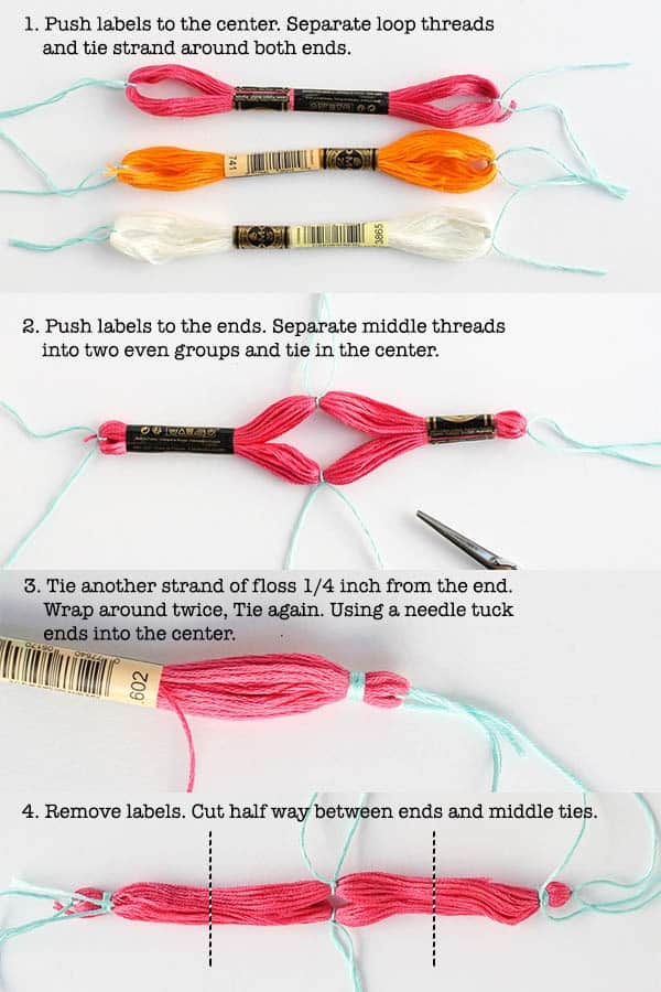 Tassels are so popular right now. They are being used on earrings, blankets, pillows, scarves and so much more. I developed an easy method to make mini tassels to hang from the rim of terra cotta pot. I also include a quick crochet project to use the tassels on. #tassels #embroideryfloss #crochetpattern #tutorial
